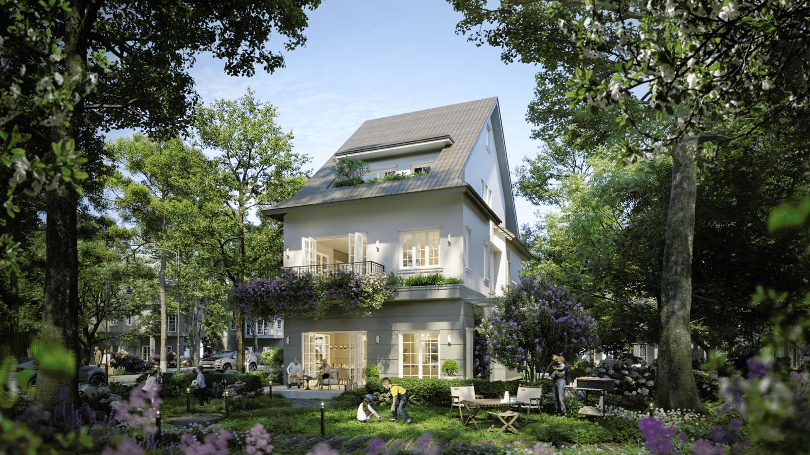 Mặt ngoài và sân vườn biệt thự Central Island được bàn giao theo tiêu chuẩn thiết kế